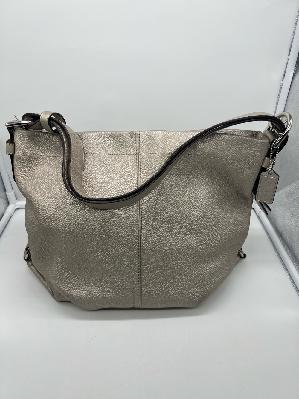 COACH F15064 Metallic Silver Pebble Leather Duffle Hobo Shoulder Crossbody Bag